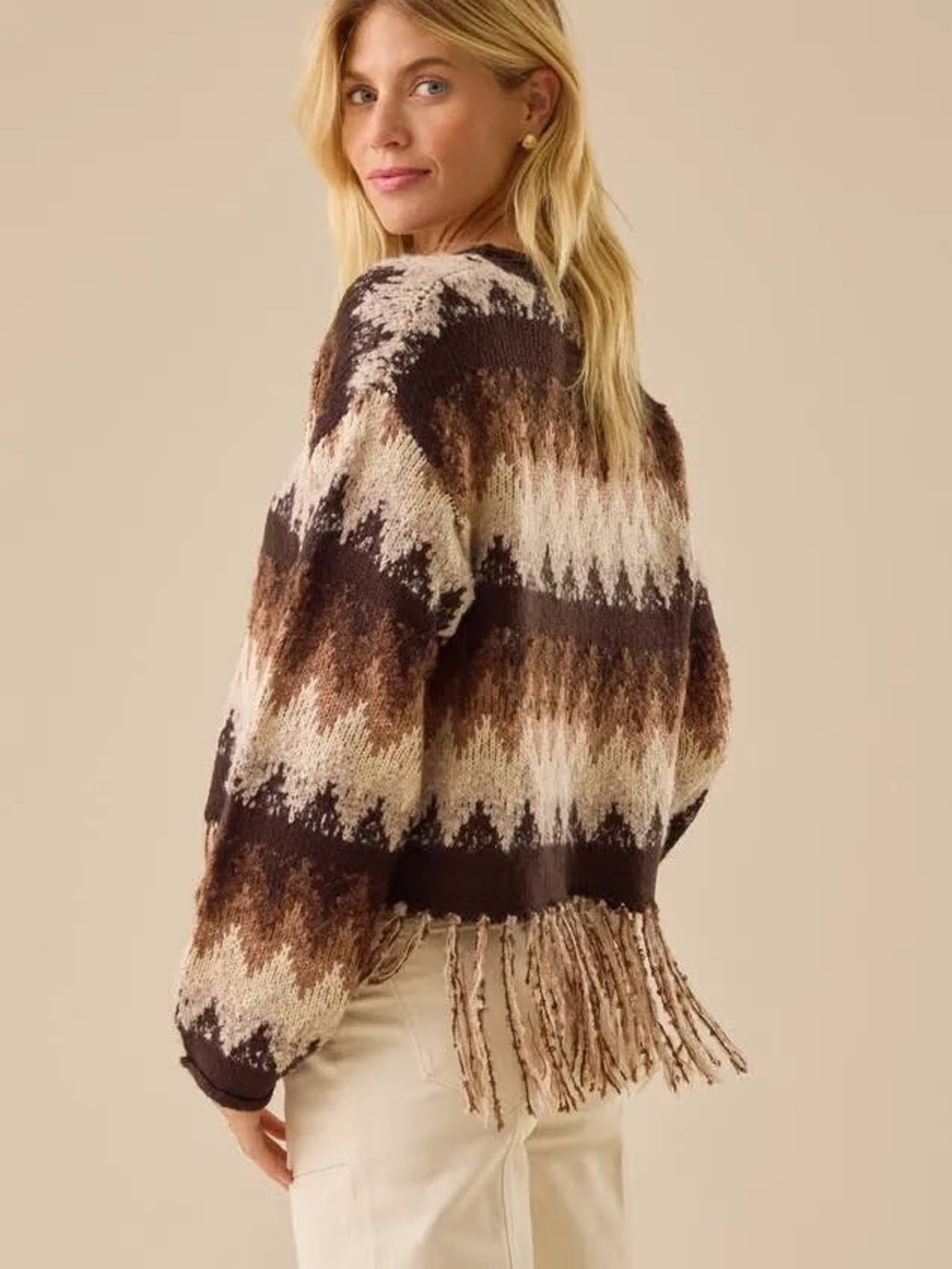 Altar’d State Chevron Fringe Sweater Brown Multi XXS NWT